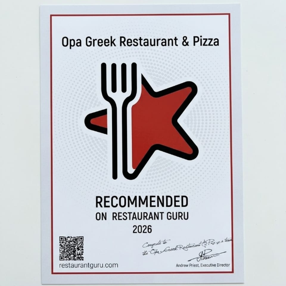 A certificate from Restaurant Guru recommending Opa Greek Restaurant & Pizza for 2026.