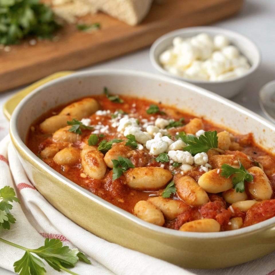 Baked giant beans (gigantes plaki) in tomato sauce, topped with feta and parsley, at Opa Greek Restaurant.