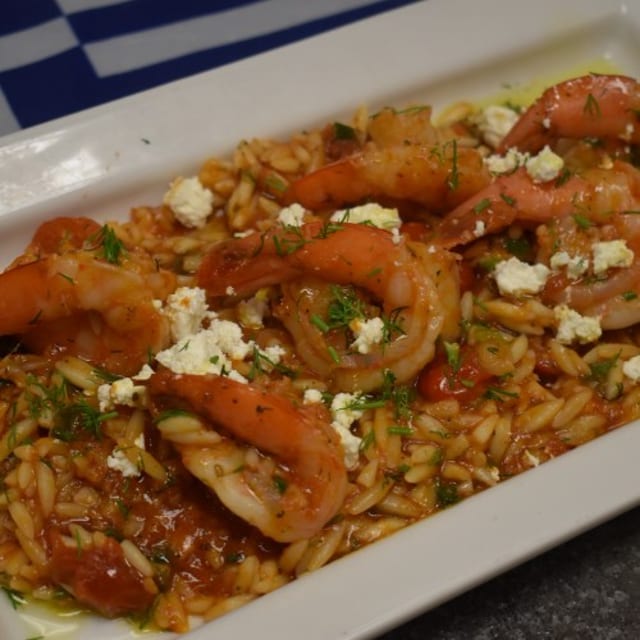 Shrimp Santorini With Orzo, Greek Salad.