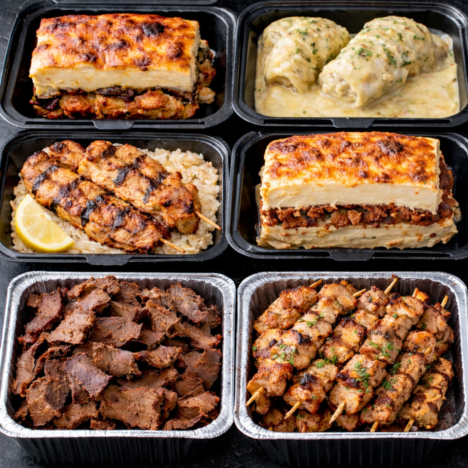 Six containers of Greek food, including moussaka, stuffed cabbage, chicken skewers, and gyro meat.