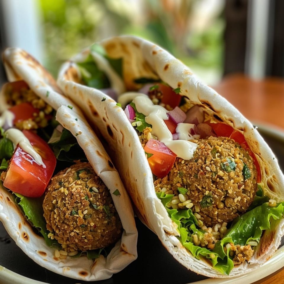 Two Opa Greek Restaurant falafel wraps with lettuce, tomatoes, onions, and white sauce.